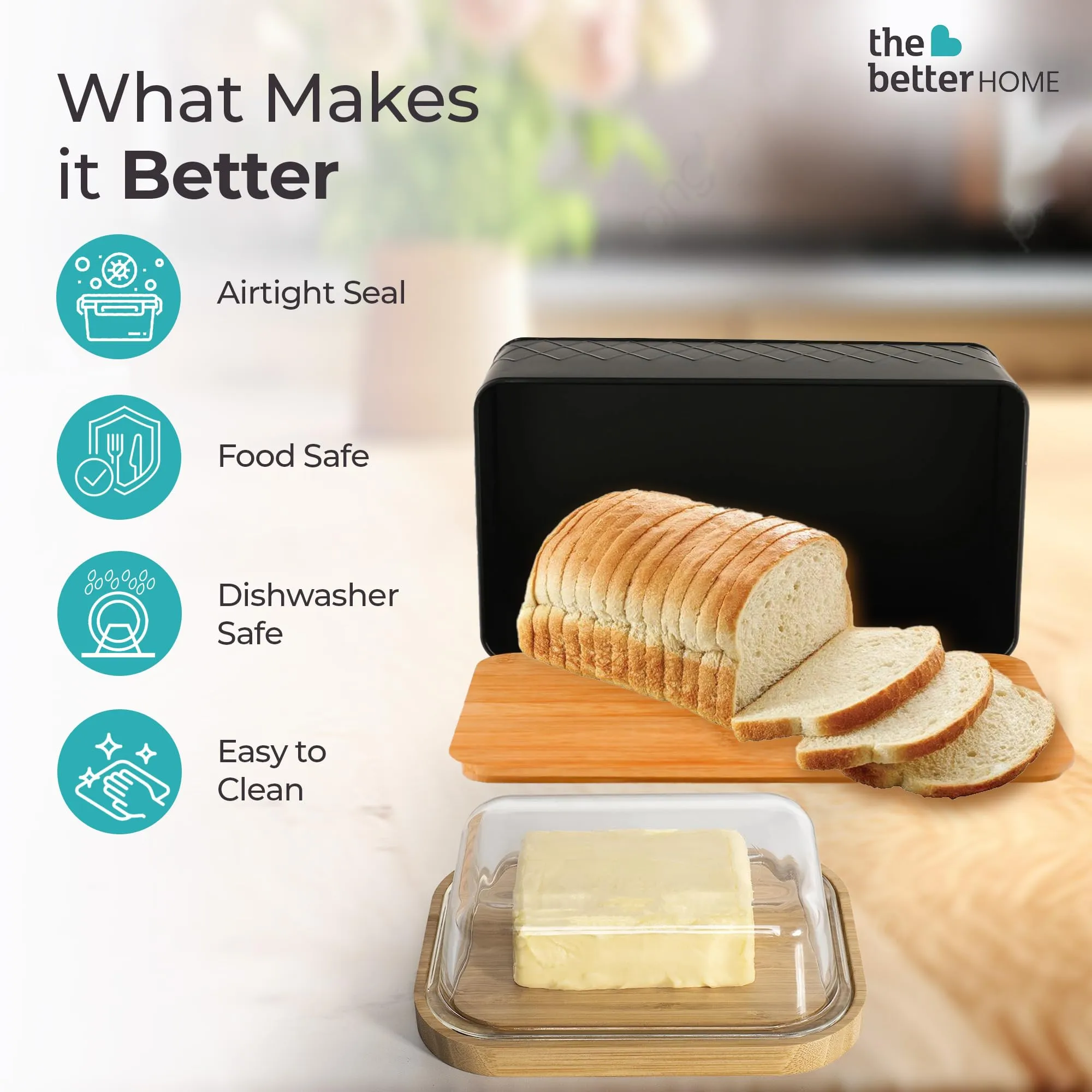 The Better Home Borosilicate Glass Butter Dish with Lid & Bread Box with Bamboo Cutting Board Lid-Combo Pack | Kitchen Accessories Combo (Rectangular Black   Butter Dish)