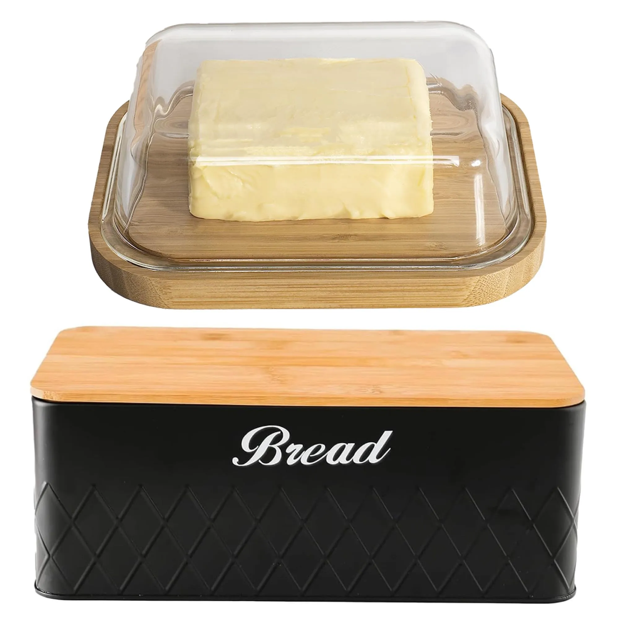 The Better Home Borosilicate Glass Butter Dish with Lid & Bread Box with Bamboo Cutting Board Lid-Combo Pack | Kitchen Accessories Combo (Rectangular Black   Butter Dish)
