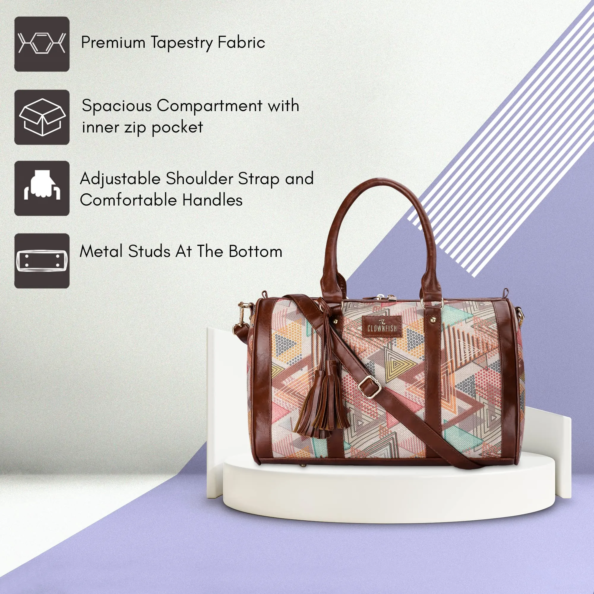 THE CLOWNFISH Combo Of Lorna Printed Handicraft Fabric & Faux Leather Handbag Sling Bag for Women & Aahna Printed Handicraft Fabric Crossbody Sling bag for Women (Multicolour-Triangle Design)