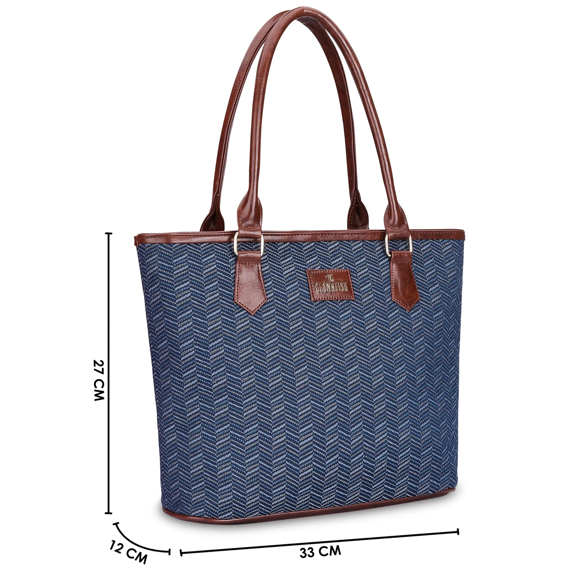 THE CLOWNFISH Justina Tapestry Fabric & Faux Leather Handbag for Women Office Bag Ladies Shoulder Bag Tote For Women College Girls (Blue-Stripes)
