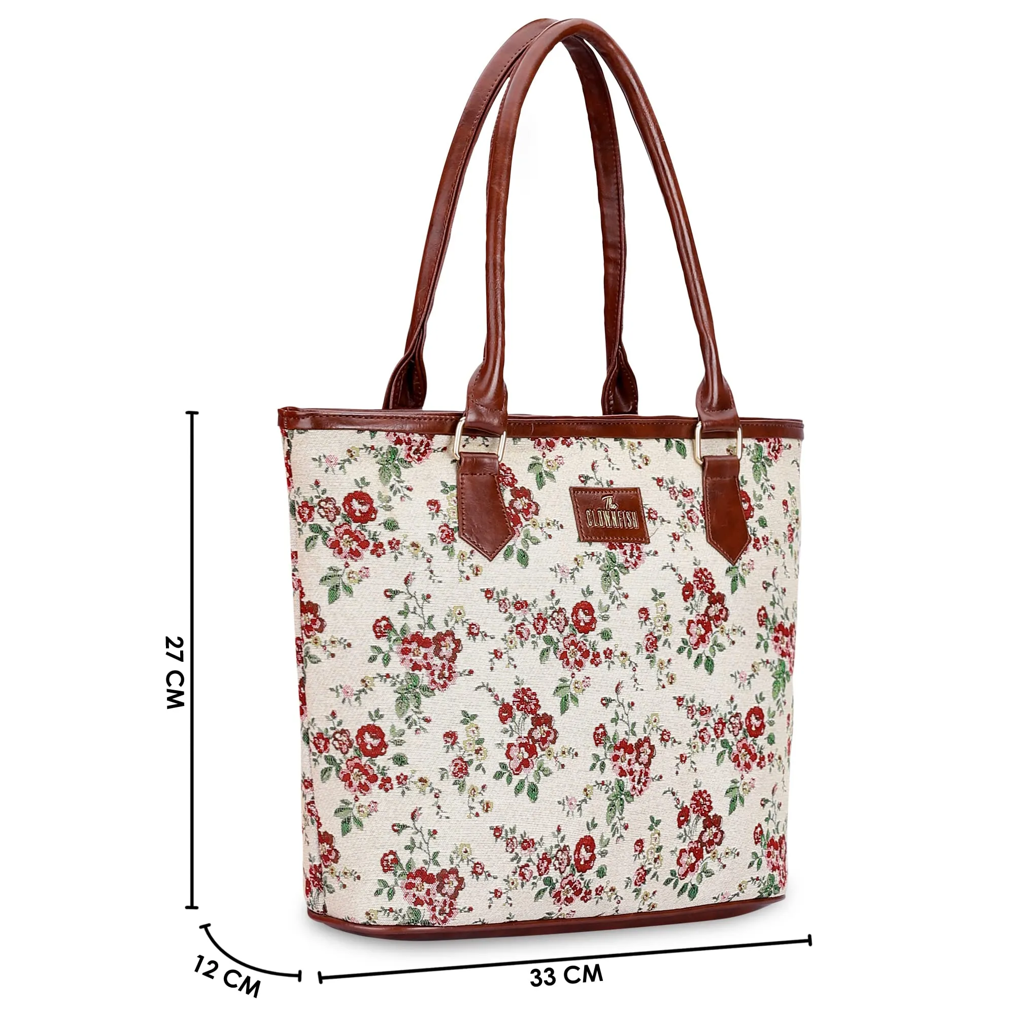 THE CLOWNFISH Justina Tapestry Fabric & Faux Leather Handbag for Women Office Bag Ladies Shoulder Bag Tote For Women College Girls (White-Floral)