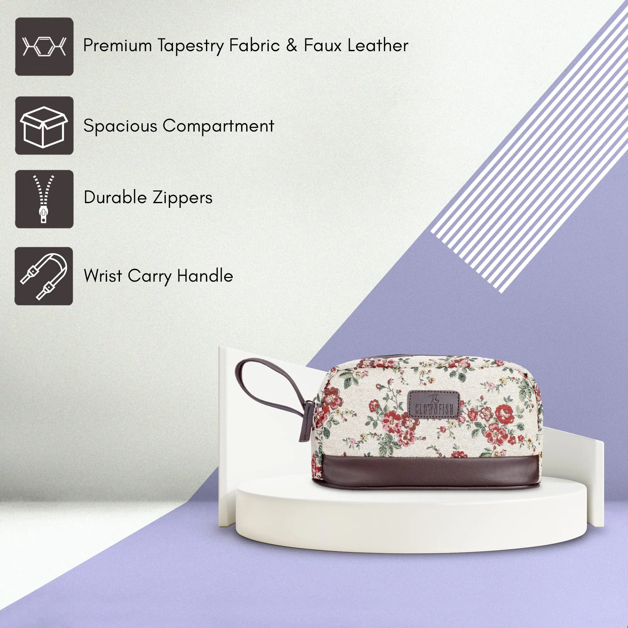 THE CLOWNFISH Men & Women Travel Pouch Toiletry Bag Shaving Kit Bag Toiletry Bag Cosmetic Bag Travel Kit Travel Pouch Travel Kit Jolly Series (White-Floral), 10 Centimeters, Standard
