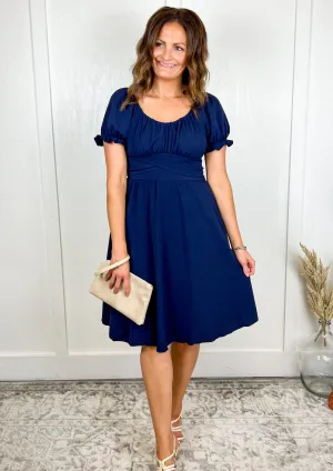 The Meadow Tie Back Navy Midi Dress