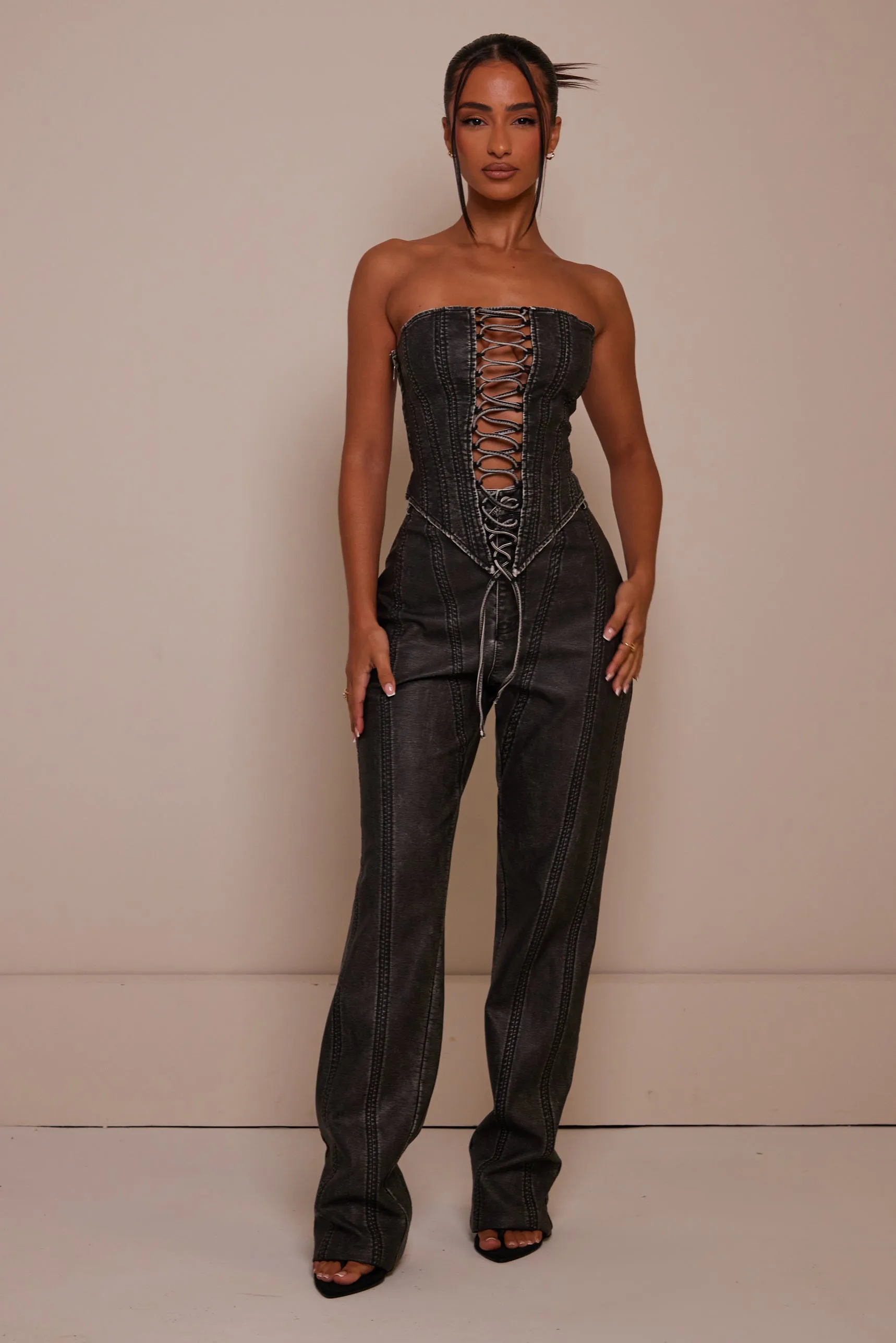 The Panel straight leg leather trousers - Wash Black