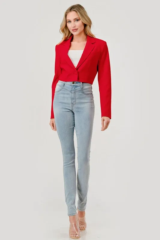 Tiana Long Sleeve Notched Lapel Crop Blazer Red