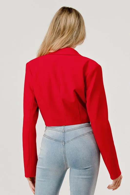 Tiana Long Sleeve Notched Lapel Crop Blazer Red