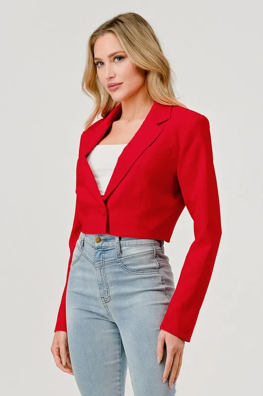 Tiana Long Sleeve Notched Lapel Crop Blazer Red