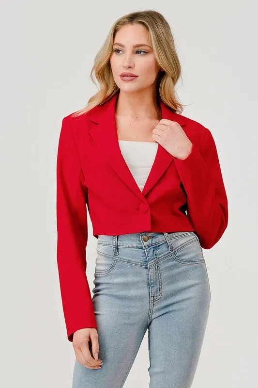 Tiana Long Sleeve Notched Lapel Crop Blazer Red
