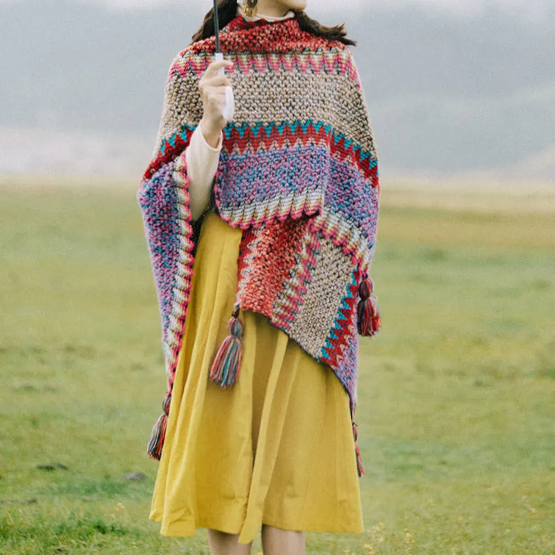 Tibetan Shawl Knitting Warm Cloak Tibetan Tassel Scarf