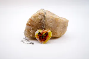 Tie Dye look and Butterfly fused glass Heart Pendant necklace jewelry, rainbow color on 20 inch steel chain