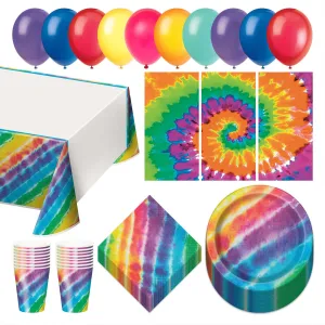 Tie Dye Rainbow Deluxe Party Pack - Paper Dessert Plates, Napkins, Cups, Table Cover, Wall Backdrop, and Assorted Balloons Set (Serves 16)