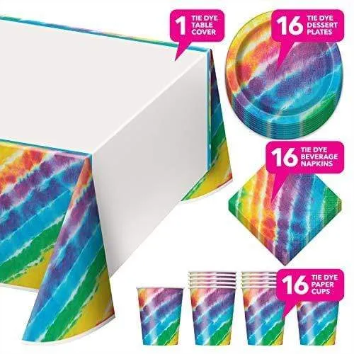 Tie Dye Rainbow Dessert Party Pack - Plates, Napkins, Cups, and Table Cover for Beach Bum, 60's, and Hippie Theme Parties (Serves 16)