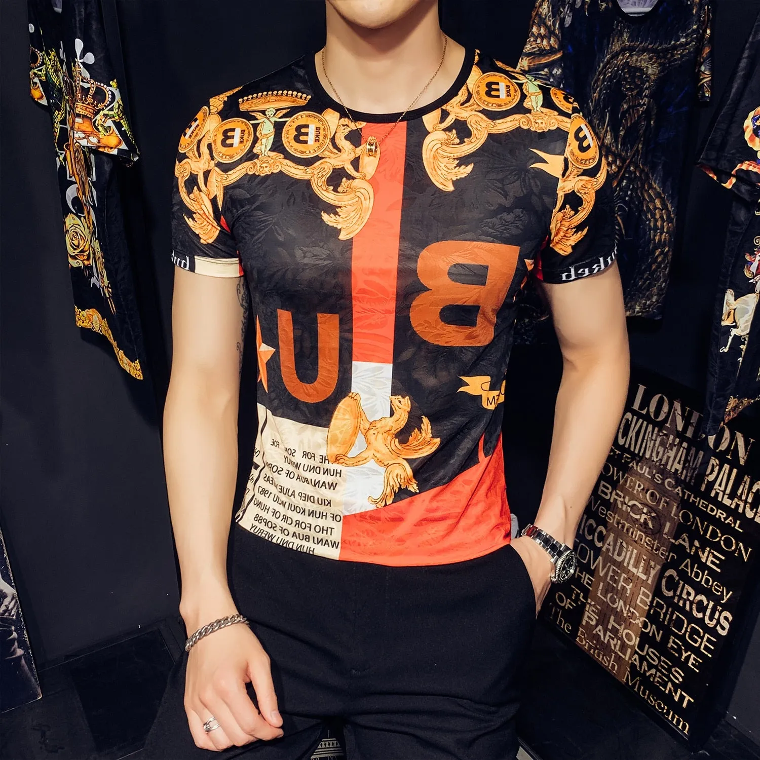 Tiger Head Back Men Printed Stretch T-Shirt