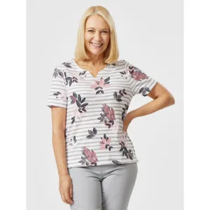 Tigi 22/24 White Floral & Stripe Print Notch Neck Top