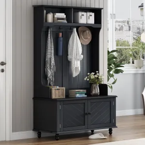 timeless Hall Tree w/Bench for Entryway, 3-in-1 Coat Hanger w/Hooks, Doors, and Shelf, Black
