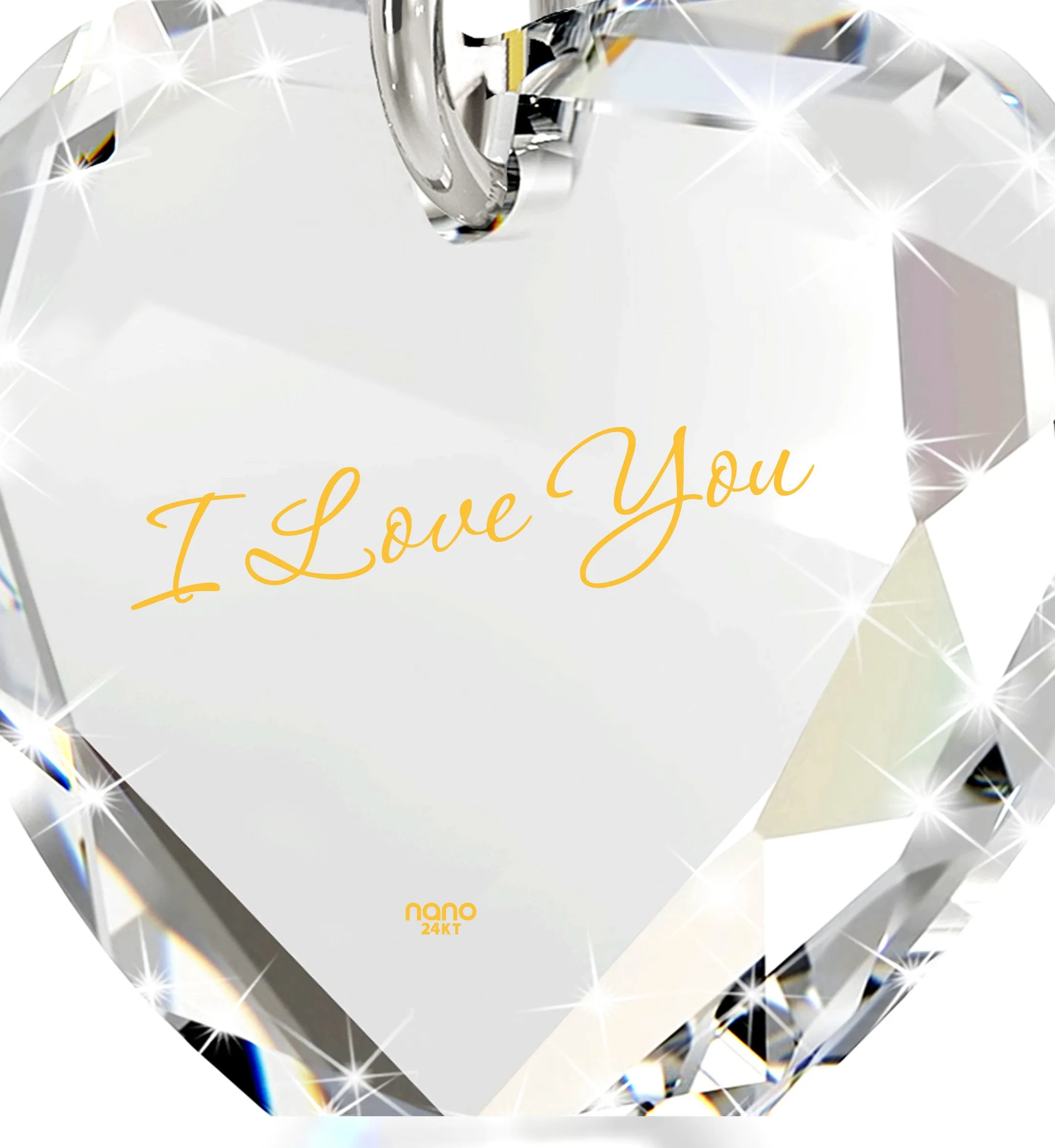 Tiny Crystal Heart Pendant I Love You Necklace 24k Gold Inscribed