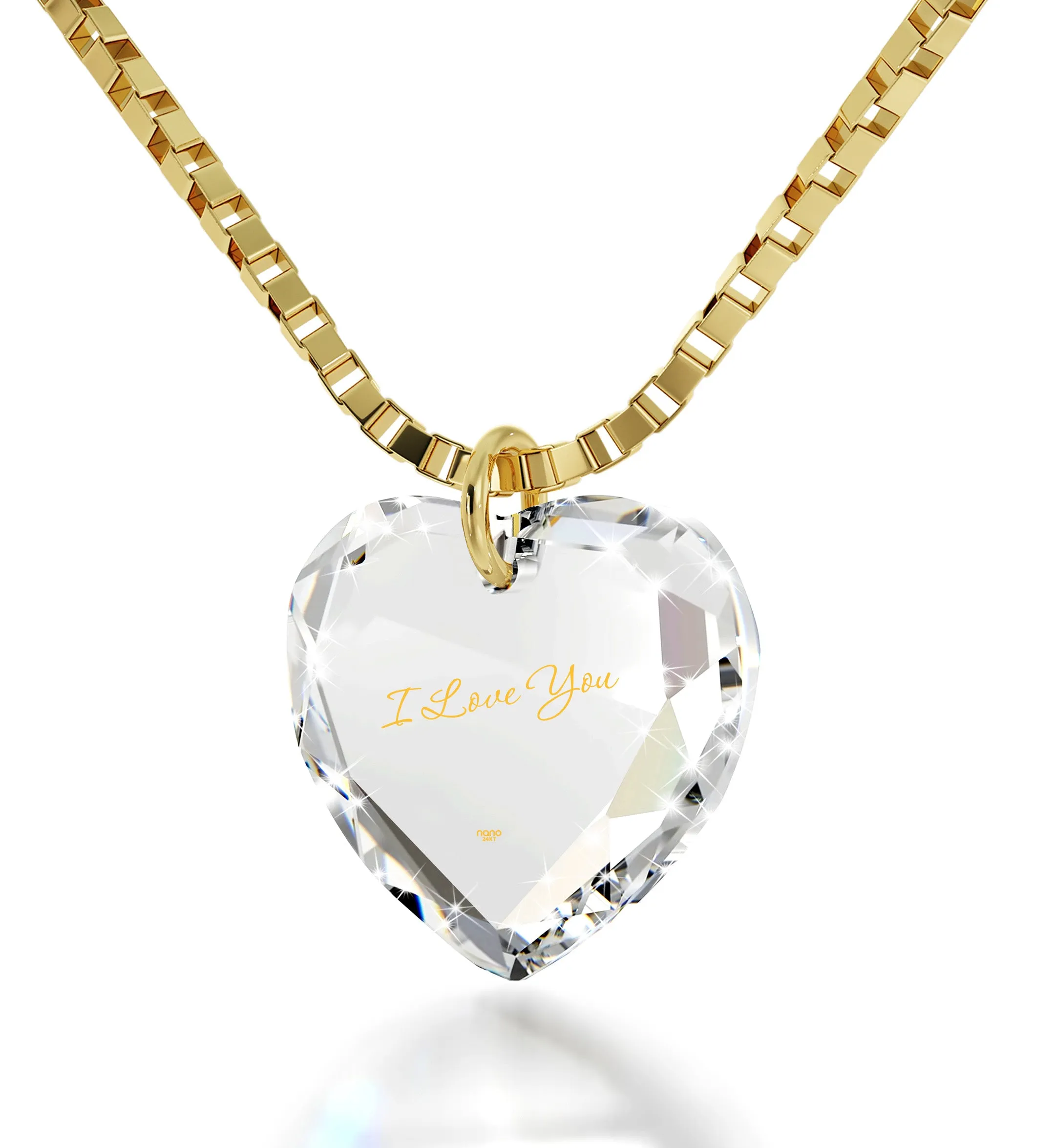 Tiny Crystal Heart Pendant I Love You Necklace 24k Gold Inscribed