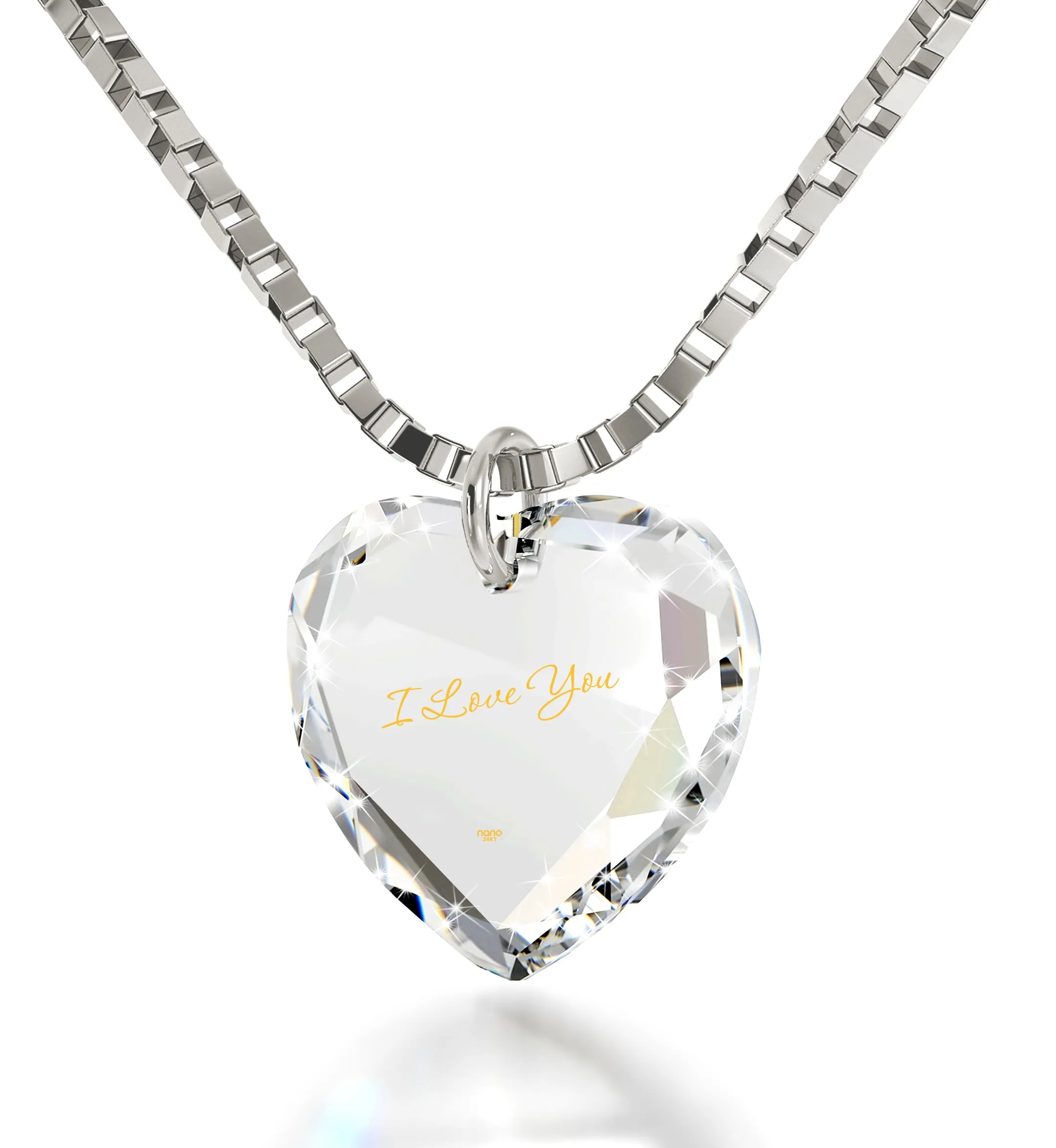Tiny Crystal Heart Pendant I Love You Necklace 24k Gold Inscribed