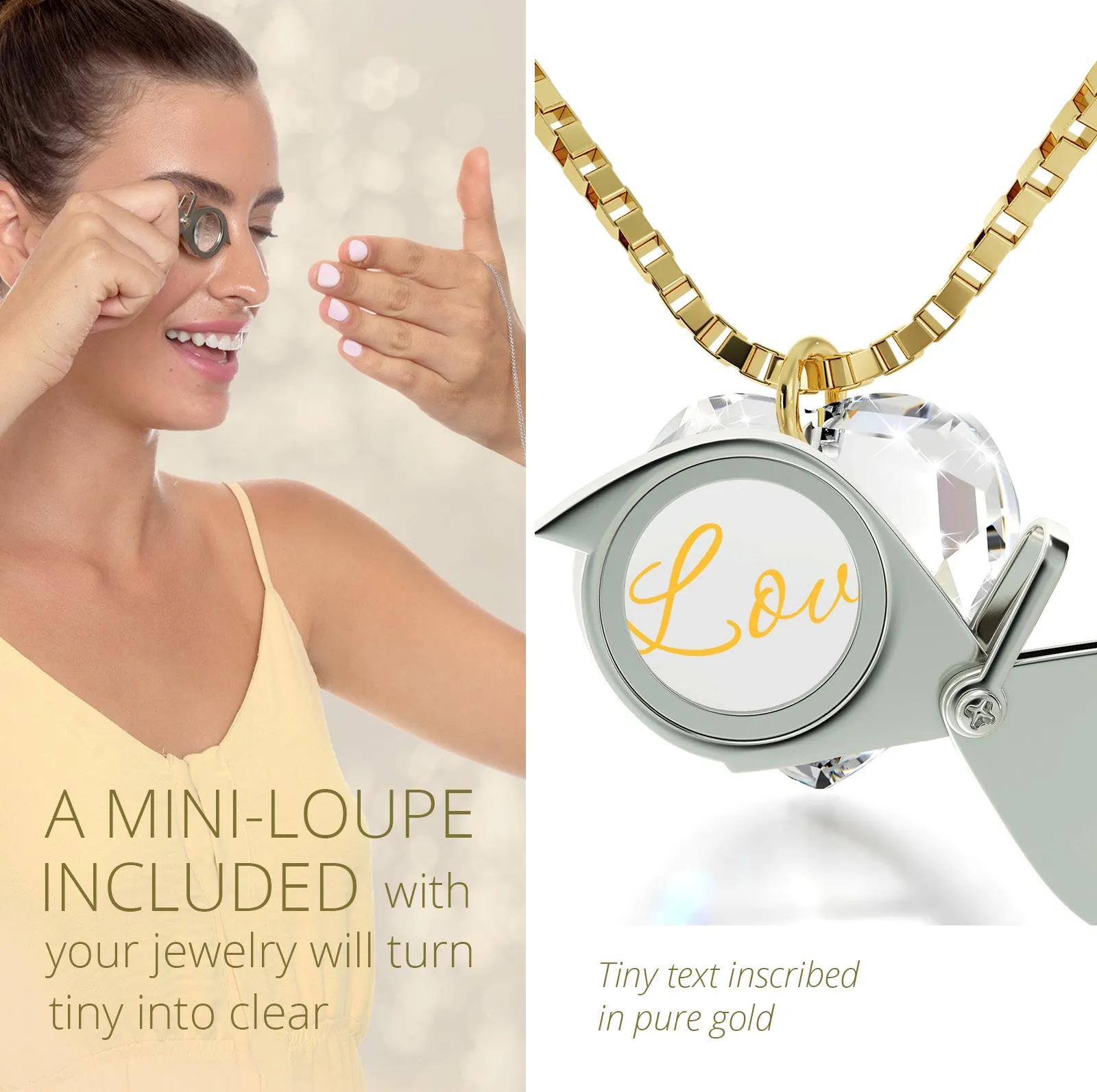 Tiny Crystal Heart Pendant I Love You Necklace 24k Gold Inscribed