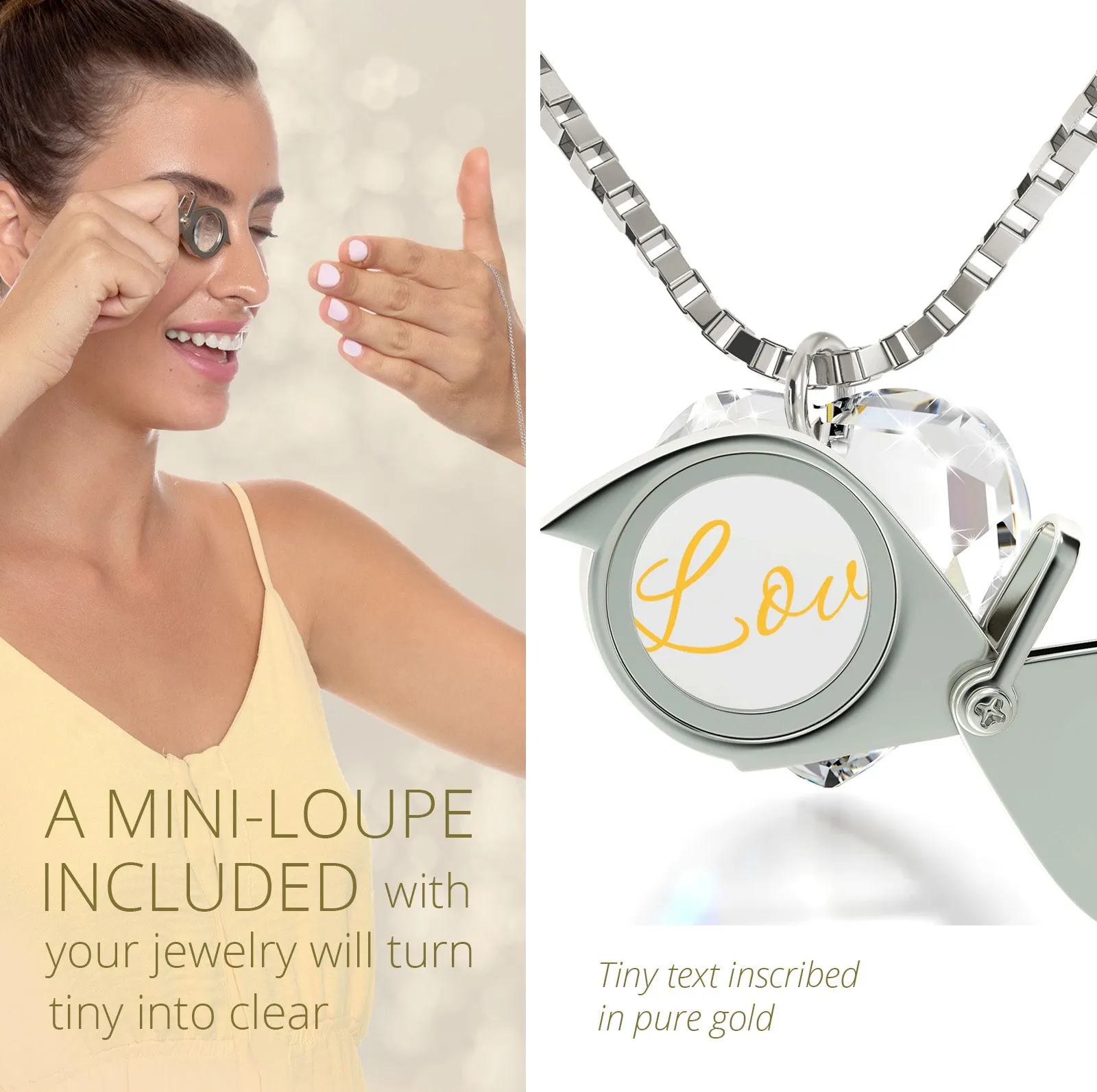 Tiny Crystal Heart Pendant I Love You Necklace 24k Gold Inscribed