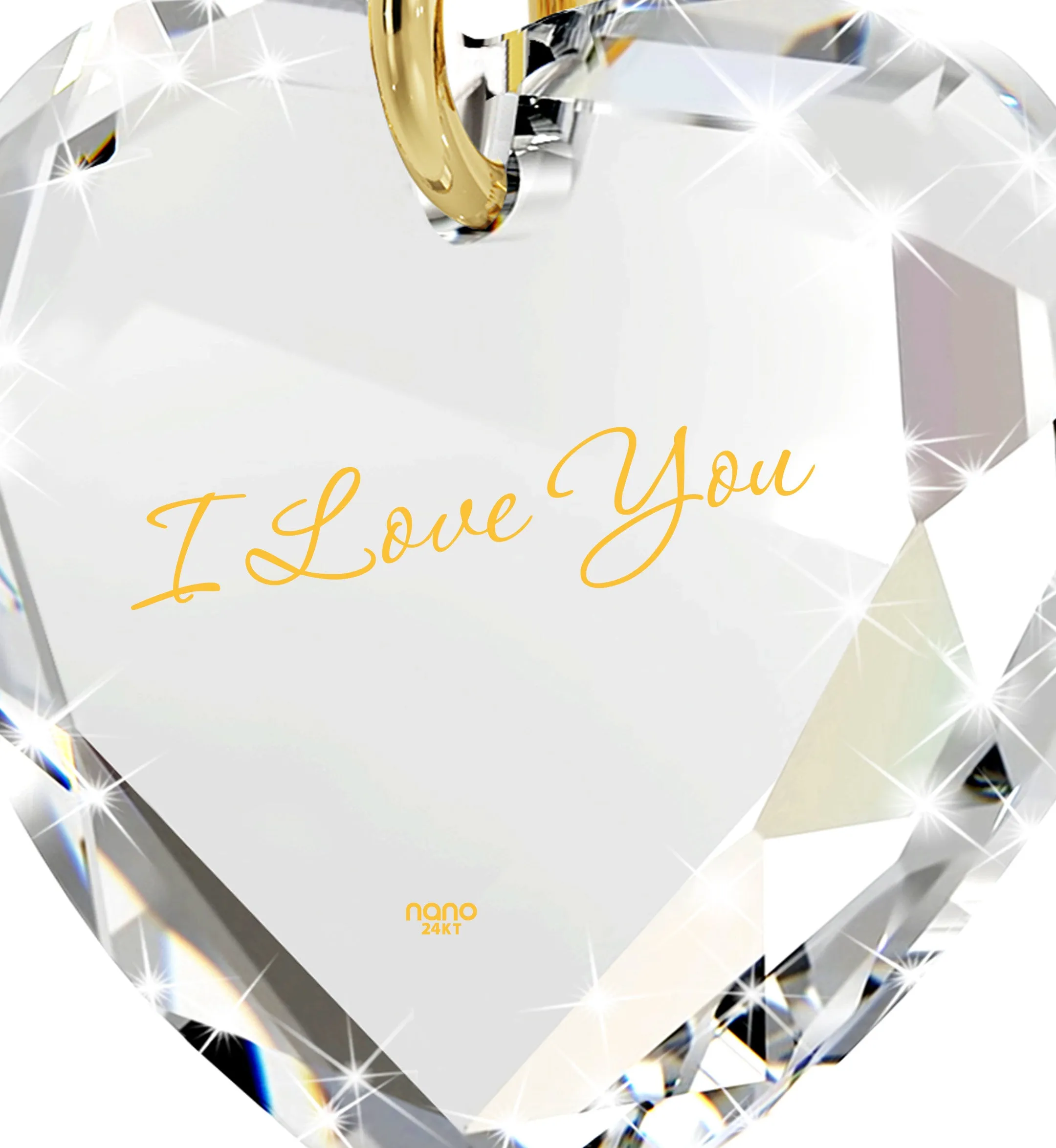 Tiny Crystal Heart Pendant I Love You Necklace 24k Gold Inscribed