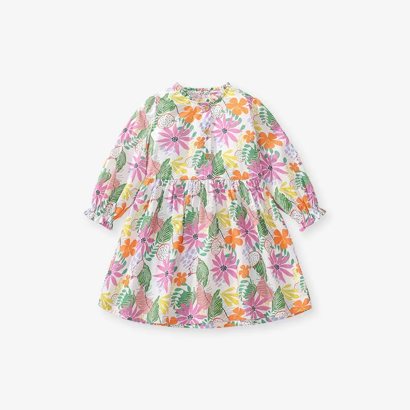 Toddler/Kid Girl's Long Sleeve Tropical Fruit and Floral Design Dress