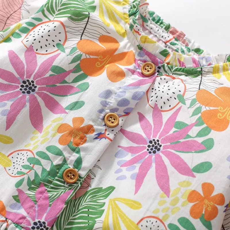 Toddler/Kid Girl's Long Sleeve Tropical Fruit and Floral Design Dress