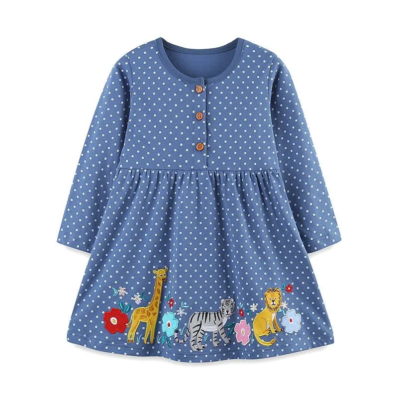 Toddler/Kid Girl's Long Sleeve Wildlife and Flowers Design Dress