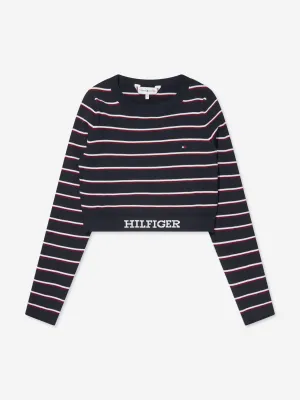 Tommy Hilfiger Girls Global Stripe Cropped Sweater in Navy