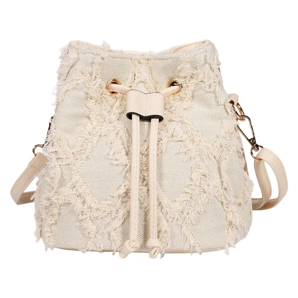 Trendy Denim Bucket Bag with Tassel Detailing