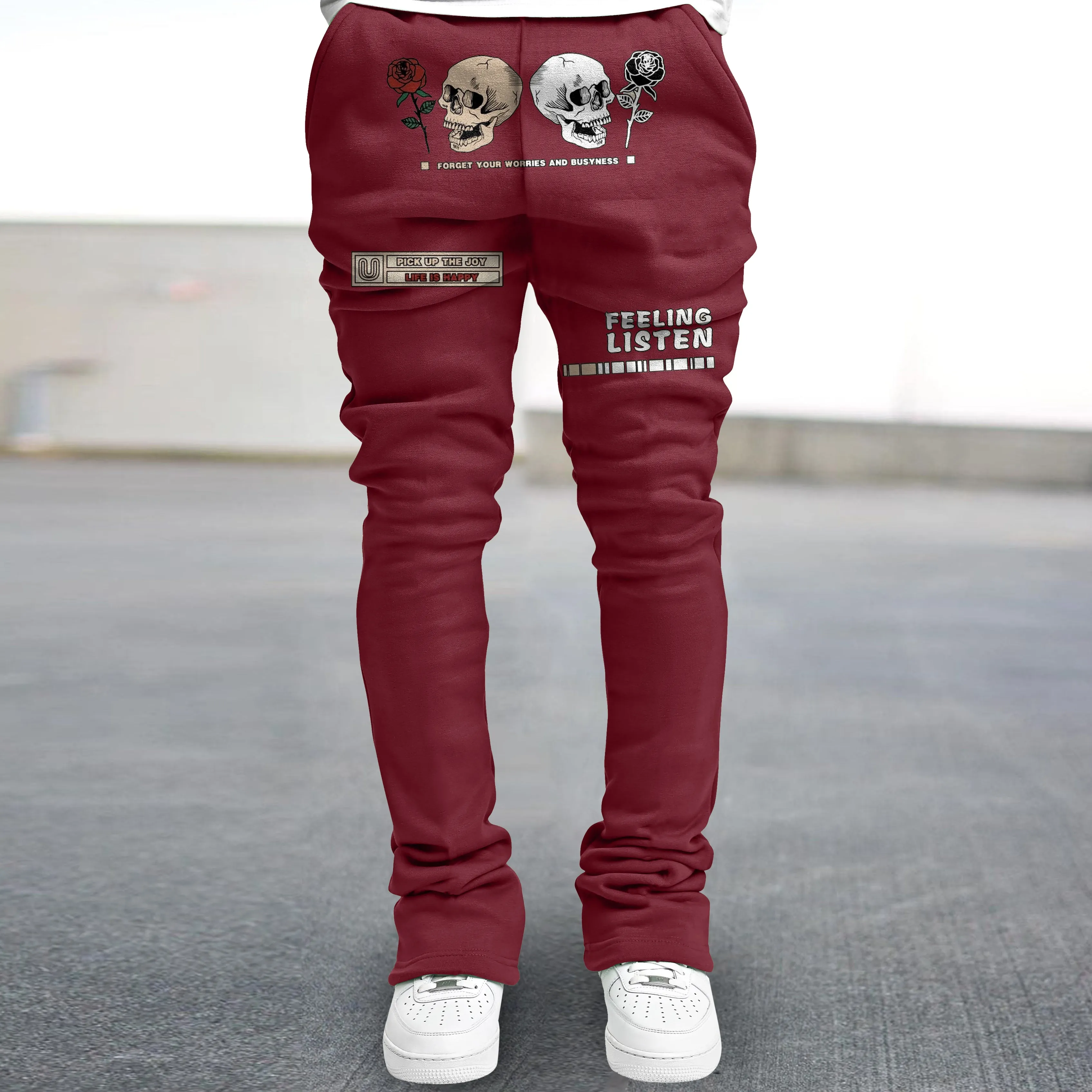 Trendy skull print straight-leg trousers