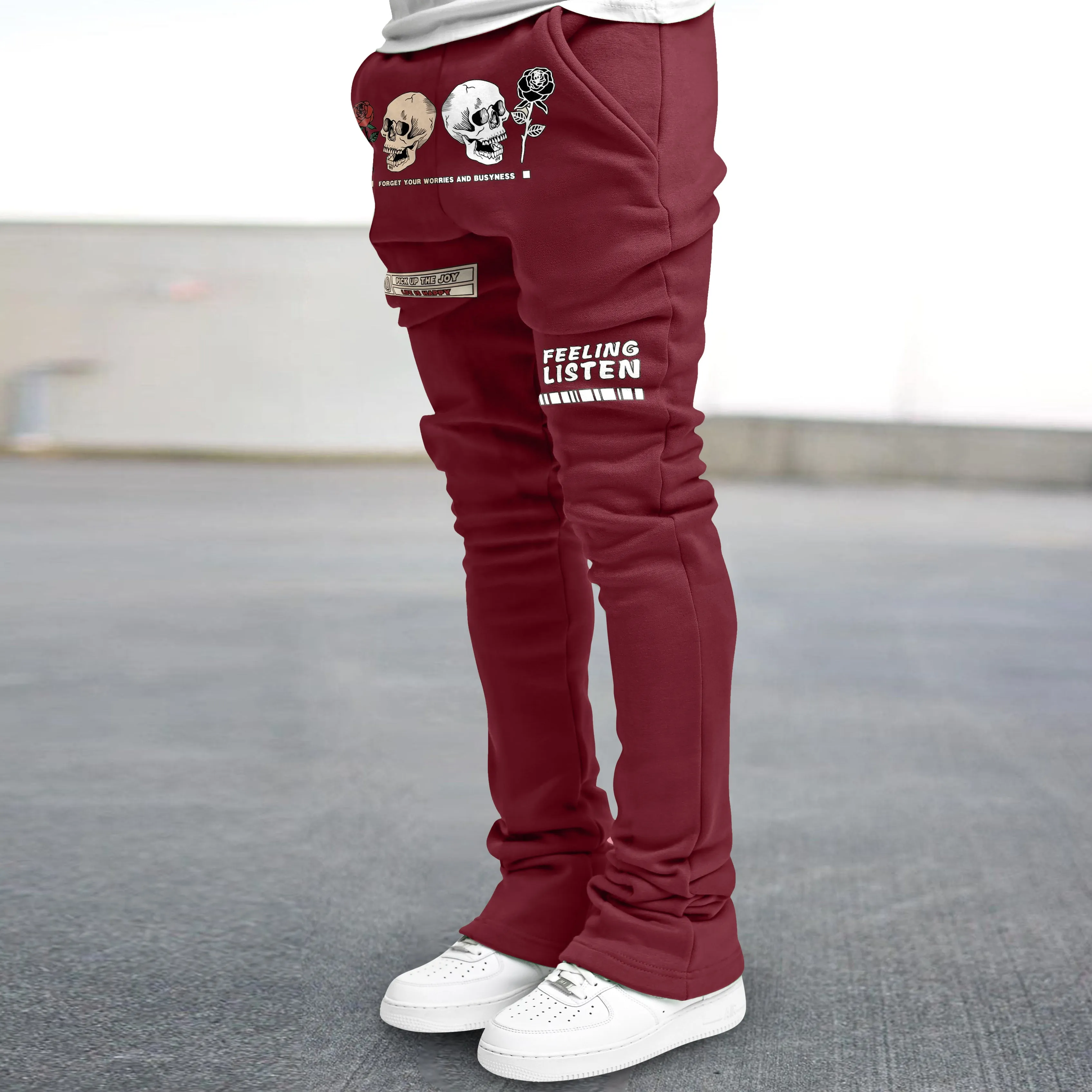 Trendy skull print straight-leg trousers