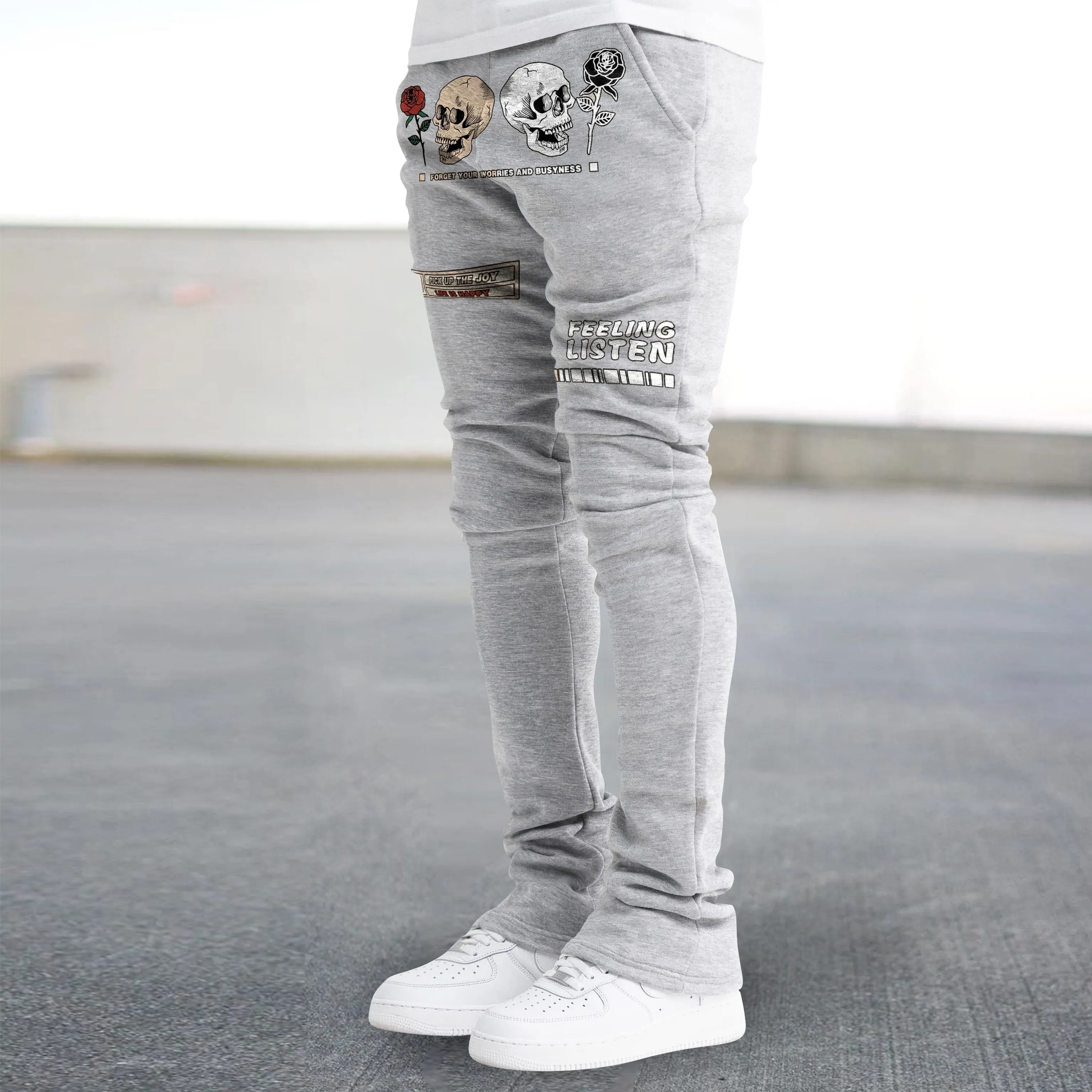 Trendy skull print straight-leg trousers