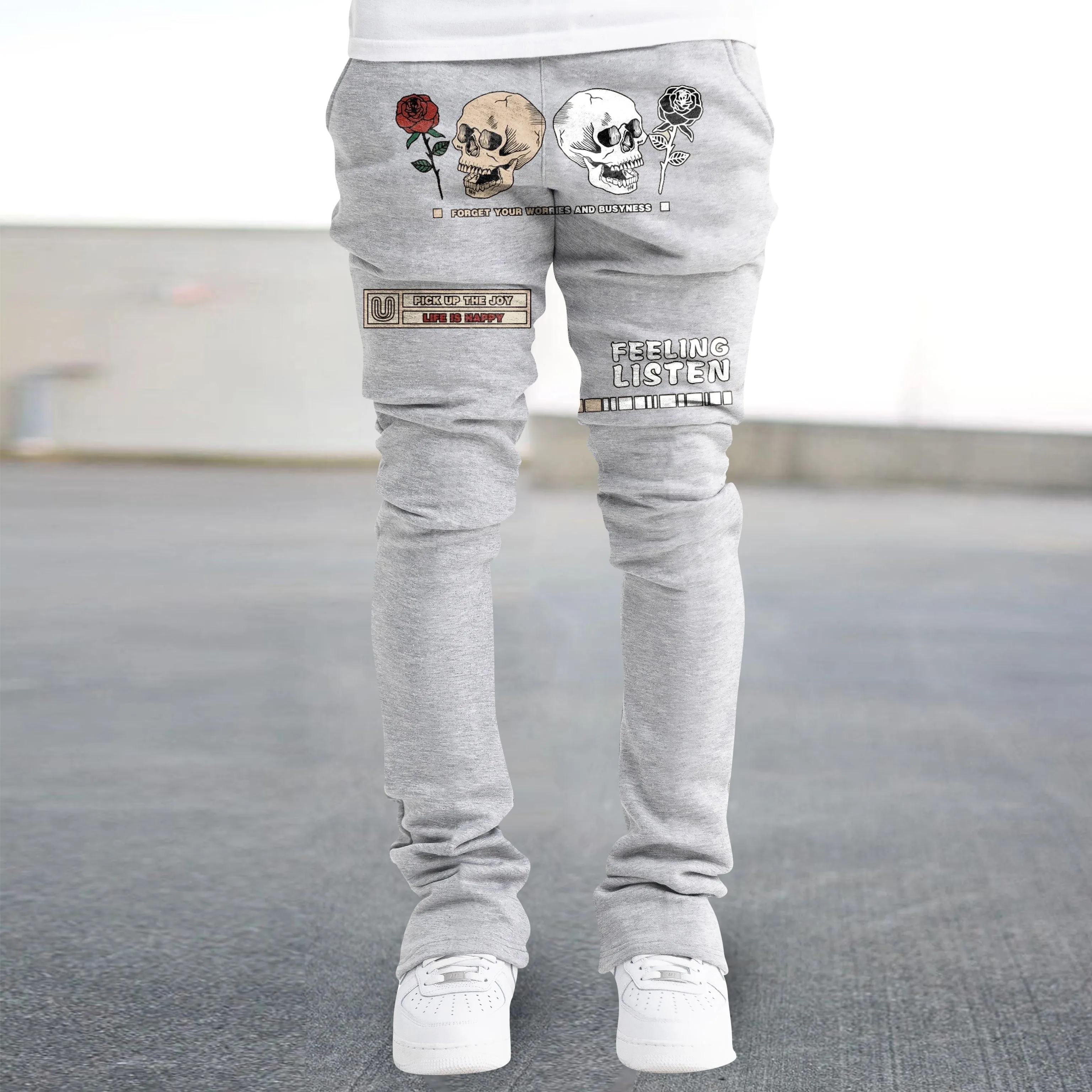 Trendy skull print straight-leg trousers