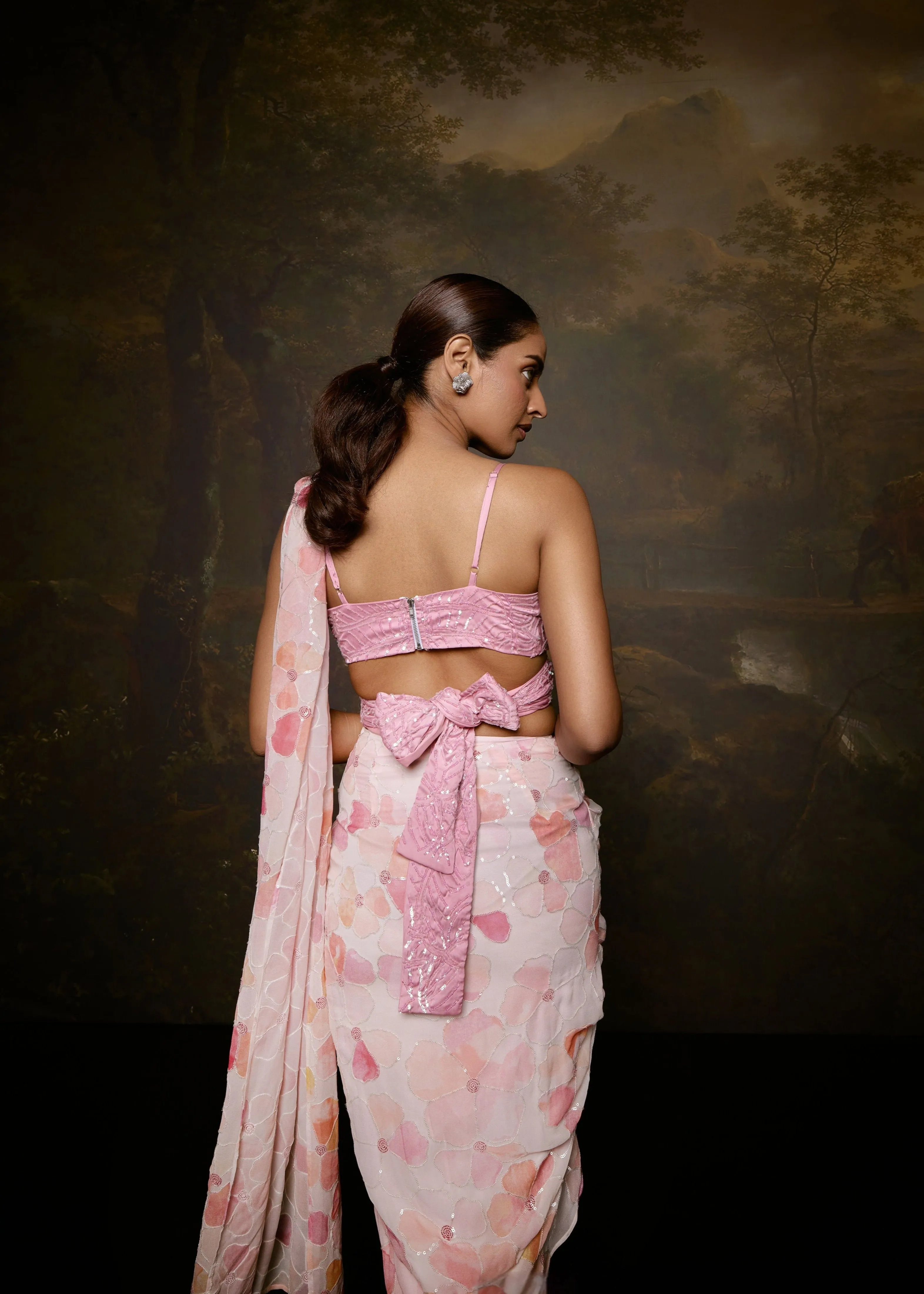Trisha White Pink Floral Embroidered Half Saree