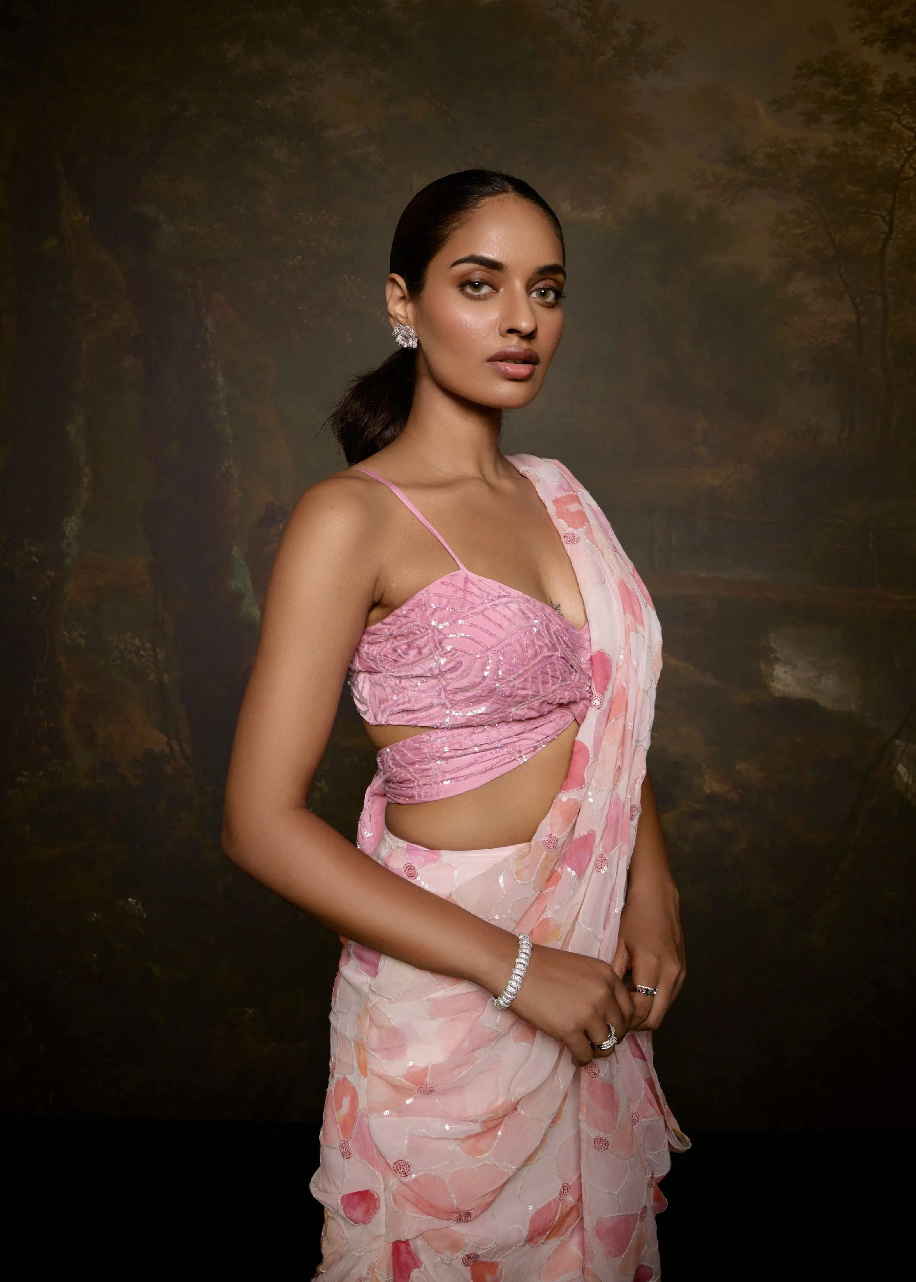 Trisha White Pink Floral Embroidered Half Saree