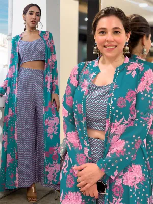 Turquoise Georgette Chevron Co ord Set