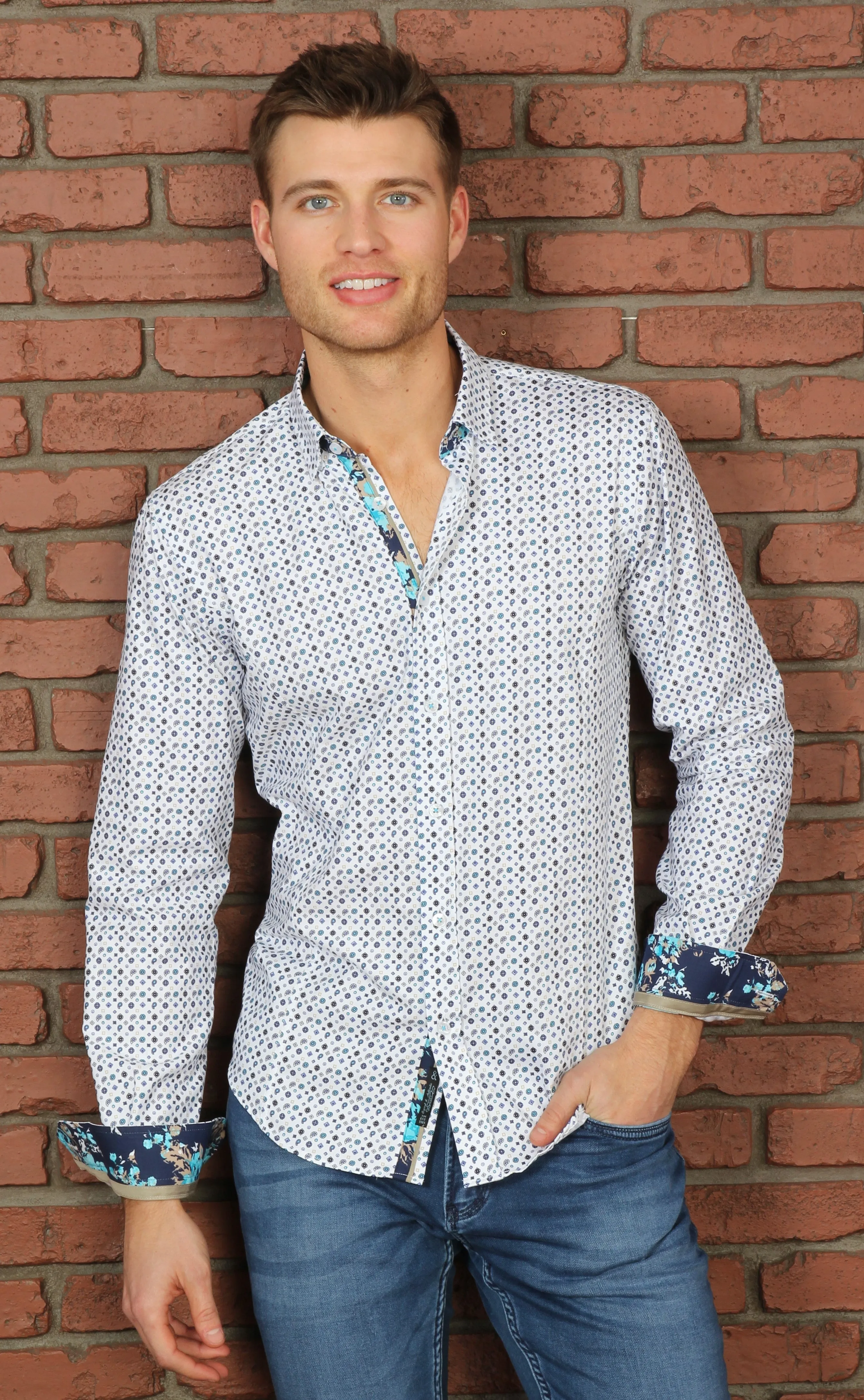 Turquoise Print Button Down Shirt W/ Trim