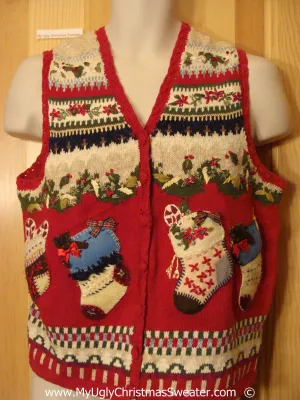 Two Sided Festive Christmas Sweater Vest with Stockings