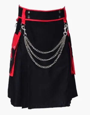 Two-tone utility kilt in black and red with chains