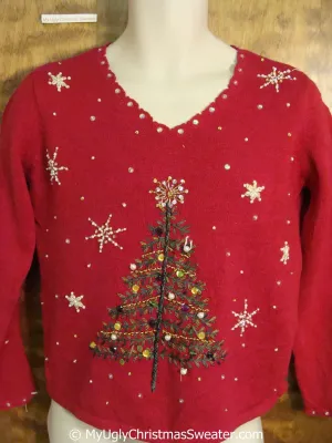 Ugly Red Christmas Sweater Vneck with a Bling Tree