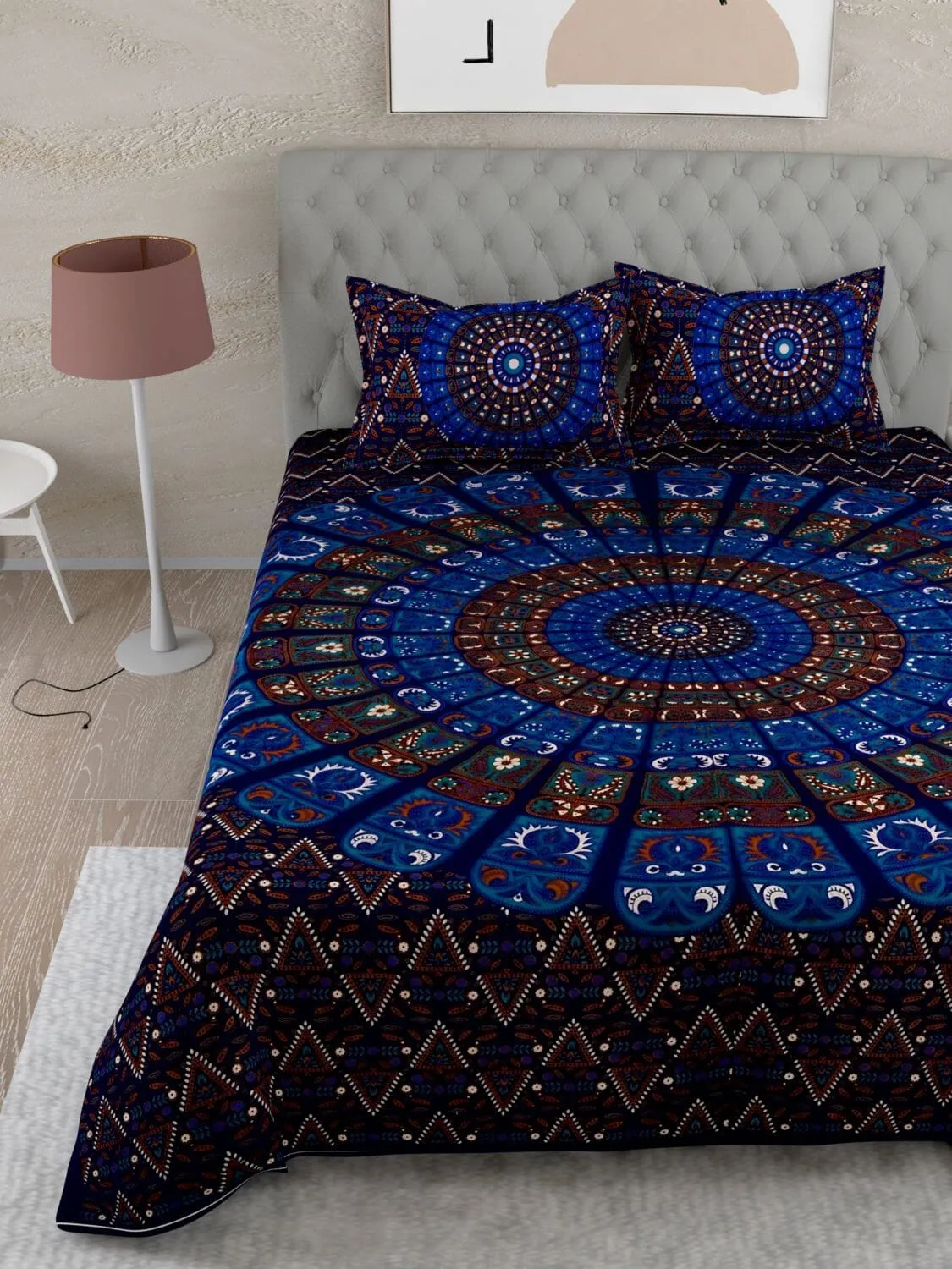 UniqChoice Blue Color 100% Cotton Badmeri Printed King Size Bedsheet With 2 Pillow Cover(D-1047NBlue)