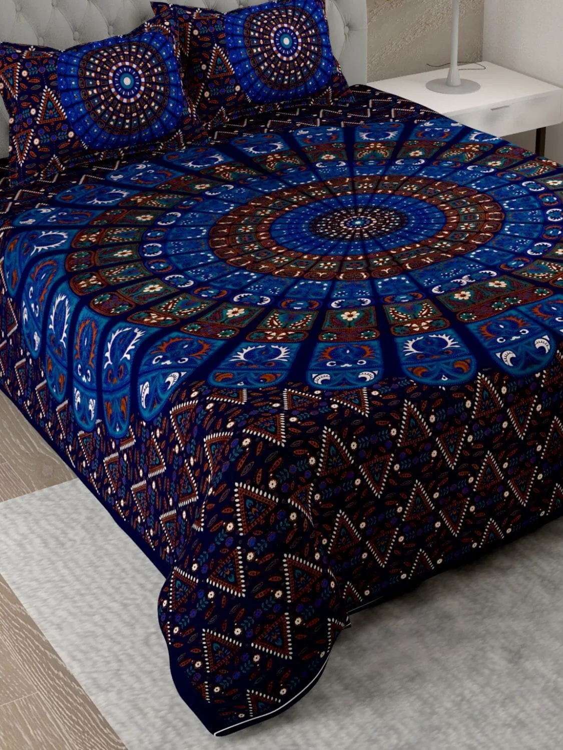 UniqChoice Blue Color 100% Cotton Badmeri Printed King Size Bedsheet With 2 Pillow Cover(D-1047NBlue)