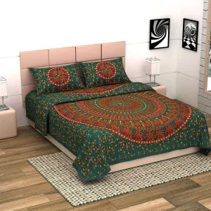 UniqChoice Green Color 100% Cotton Badmeri Printed King Size Bedsheet With 2 Pillow Cover(D-1022NGreen)