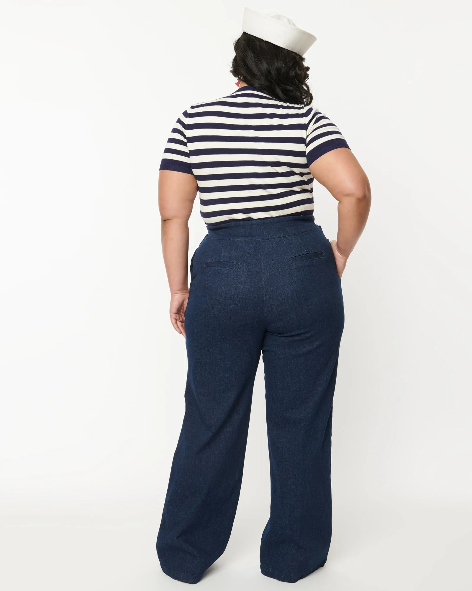 Unique Vintage Denim High Waist Wide Leg Tab Pants | Blue Denim