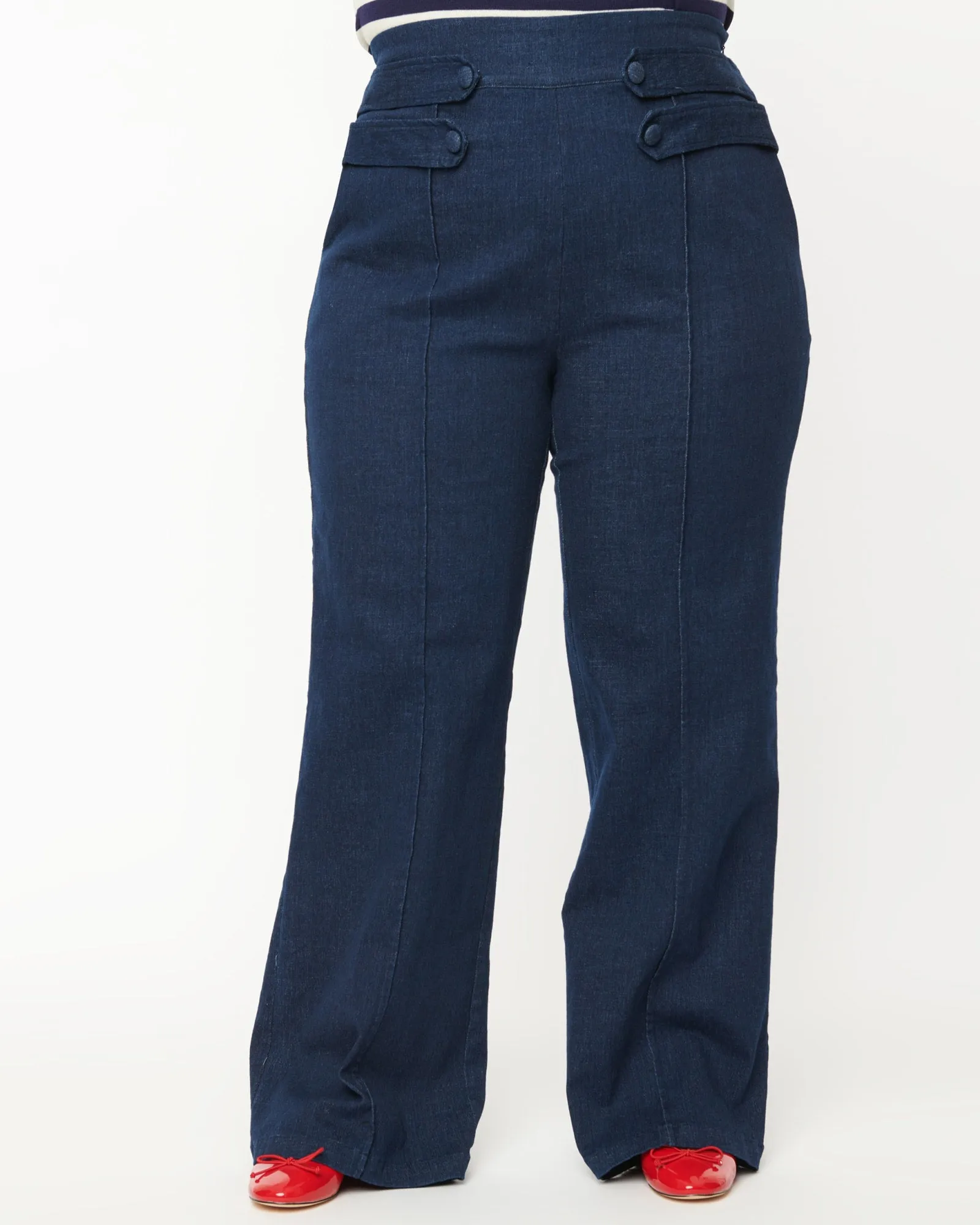 Unique Vintage Denim High Waist Wide Leg Tab Pants | Blue Denim