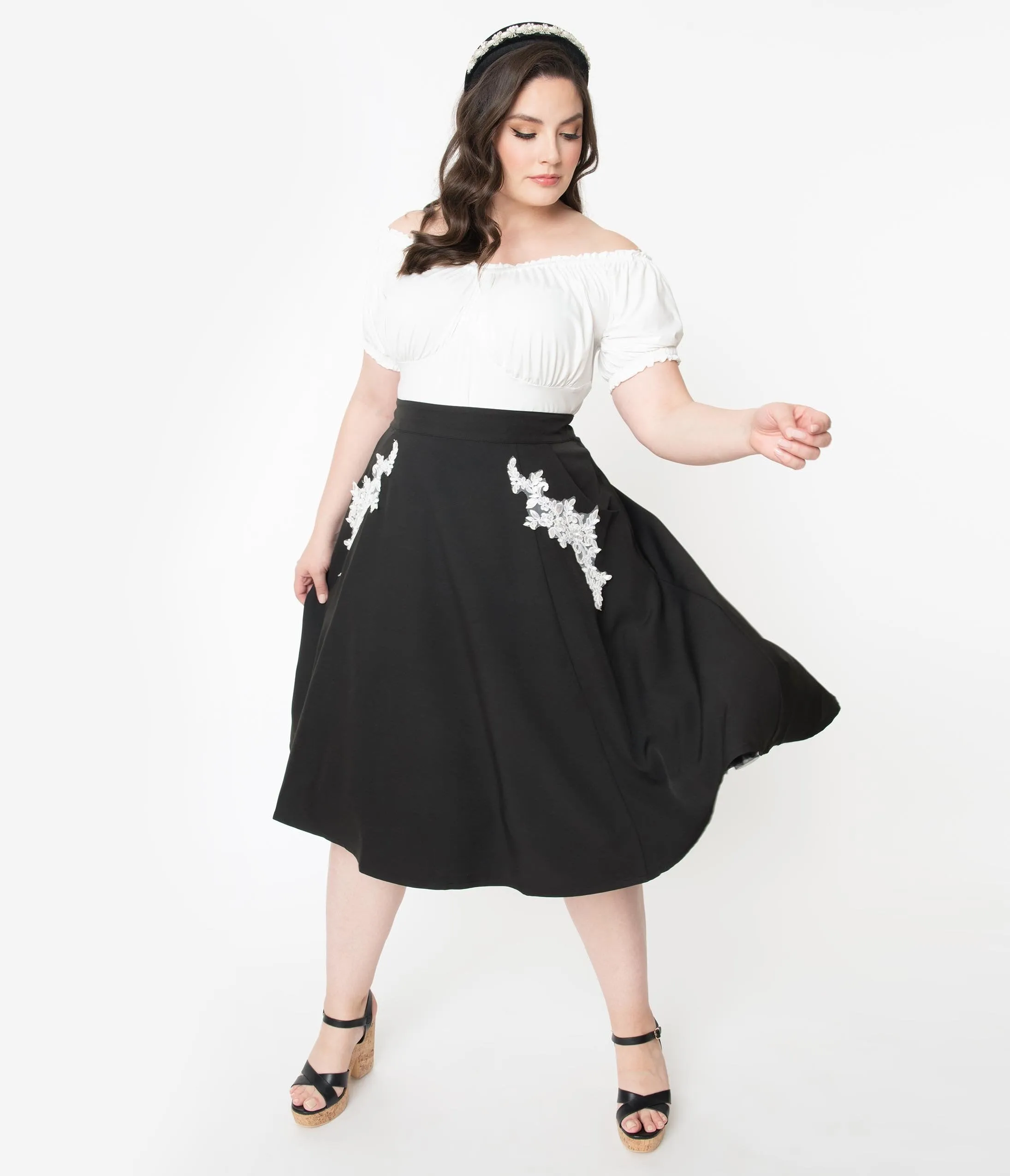 Unique Vintage Plus Size 1950s Black Embroidered Steffi Swing Skirt