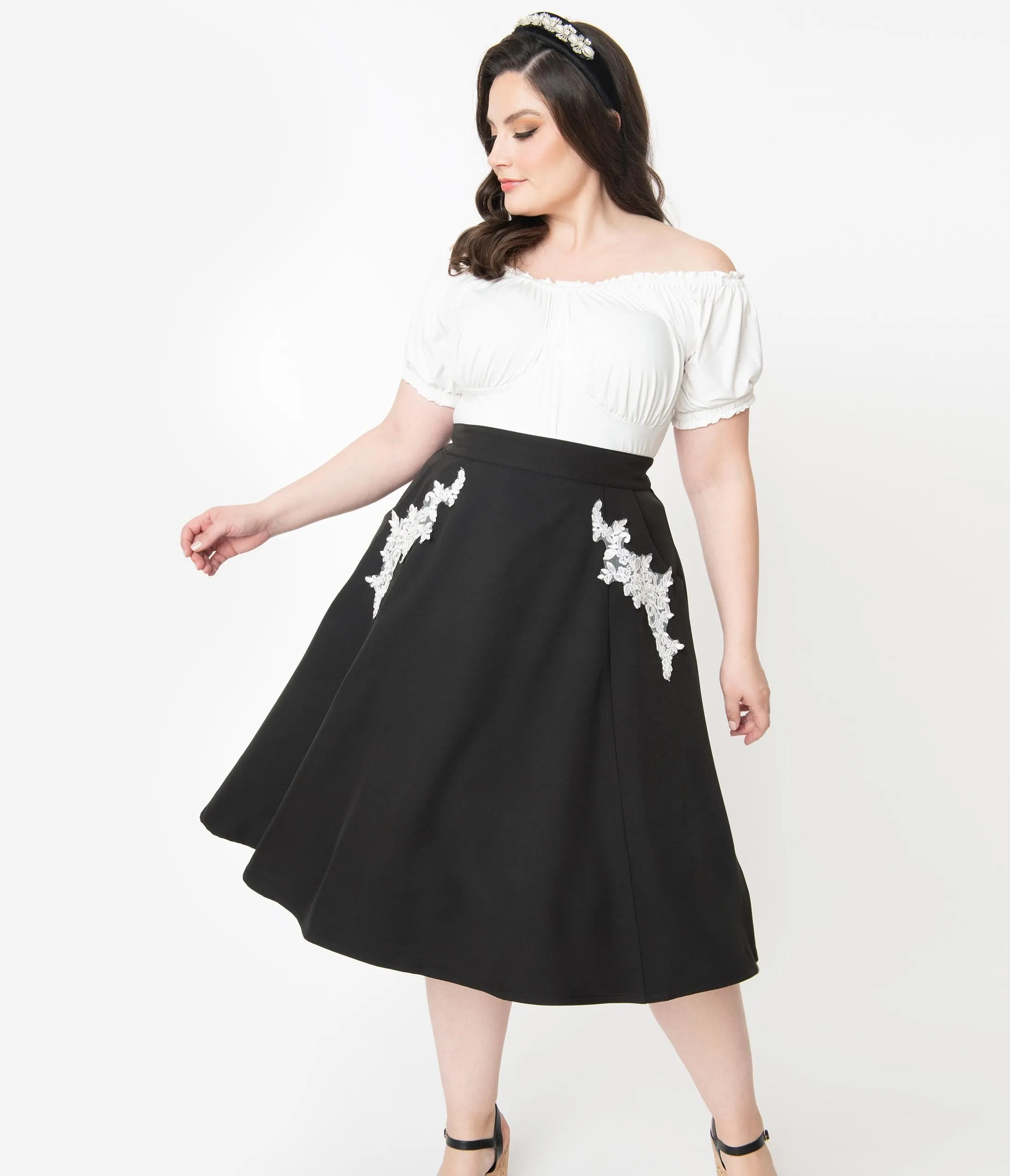 Unique Vintage Plus Size 1950s Black Embroidered Steffi Swing Skirt