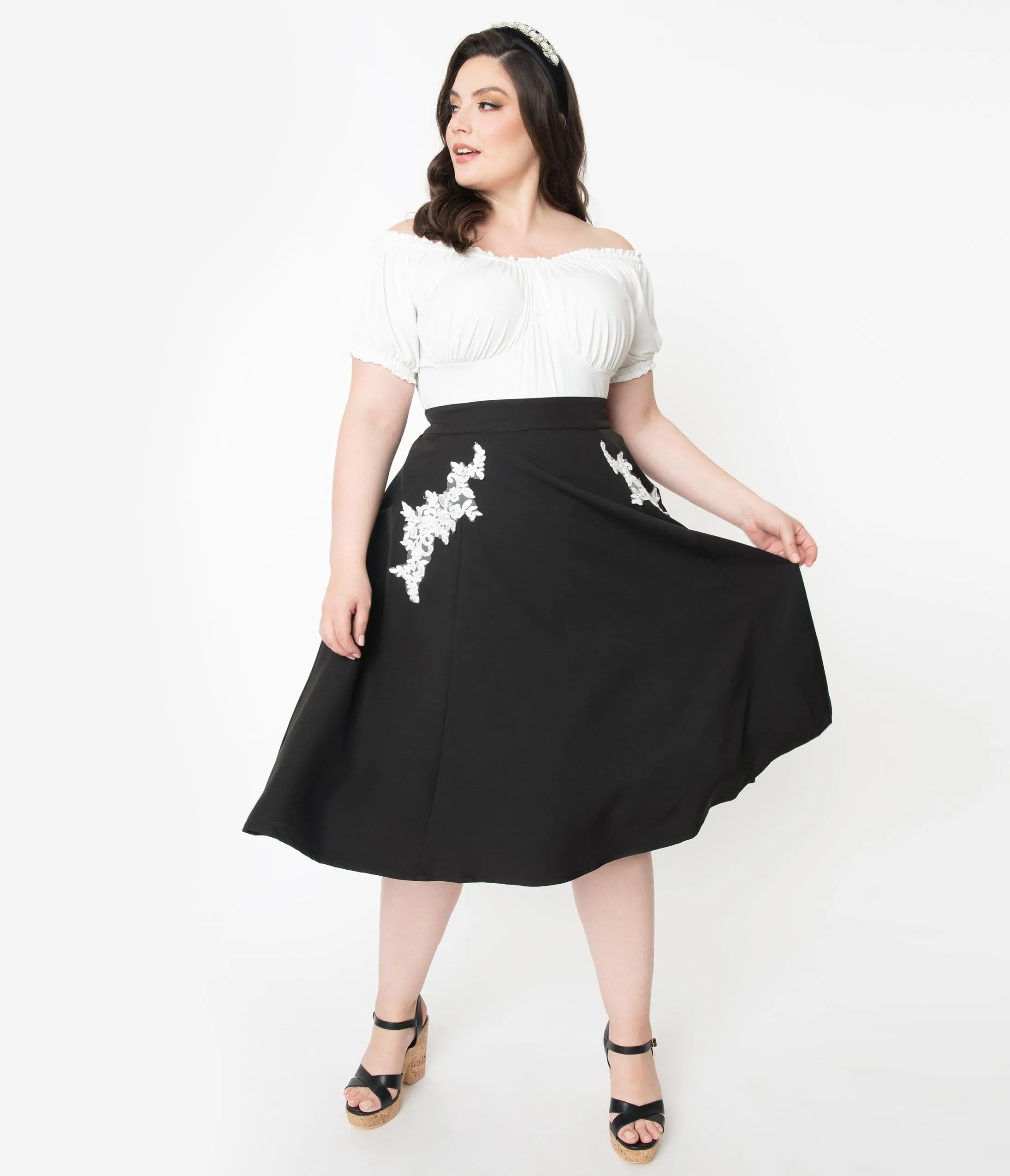 Unique Vintage Plus Size 1950s Black Embroidered Steffi Swing Skirt