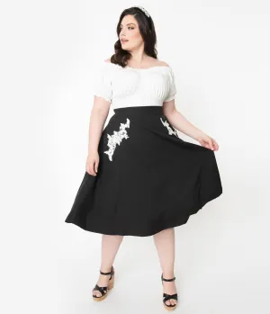 Unique Vintage Plus Size 1950s Black Embroidered Steffi Swing Skirt